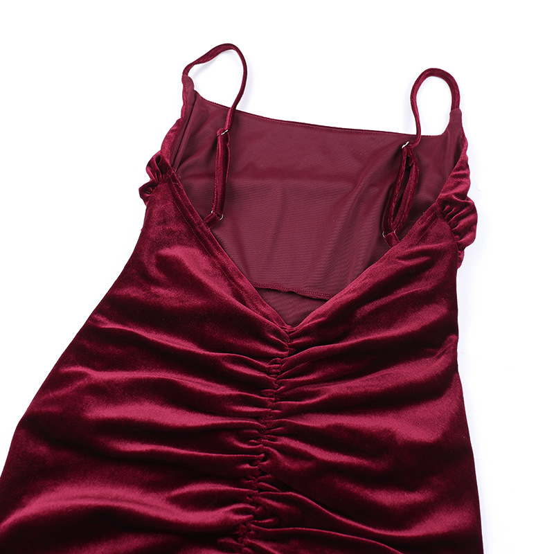 Autumn Socialite Sexy Velvet Pleated Fitted Waist Backless Sling Dress