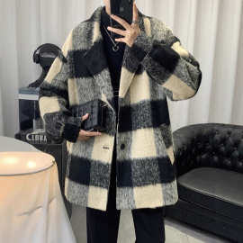 青少年风衣外套男款2025新款秋冬韩系小香风格子翻领毛呢短款大衣