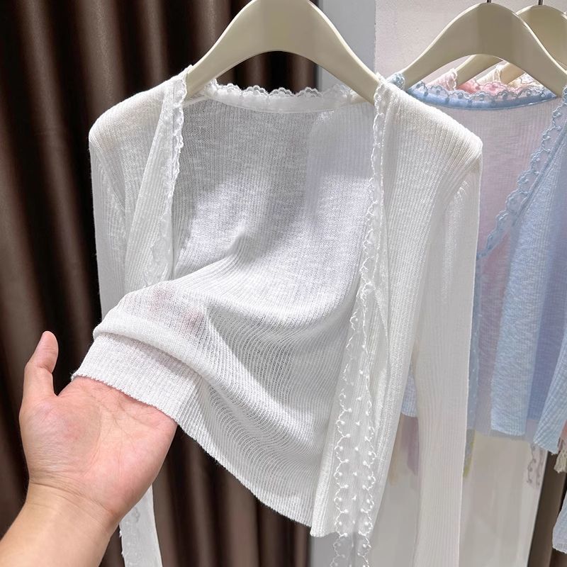 Women's Clothing for Spring and Summer: Lace Patchwork, Thin, Tie-Up, Short Knit Cardigan, Long Sleeve, Layered Wear, Air Conditioning Women's Clothing for Spring and Summer: Lace Patchwork, Thin, Tie-Up, Short Knit Cardigan, Long Sleeve, Layered Wear, Air Conditioning