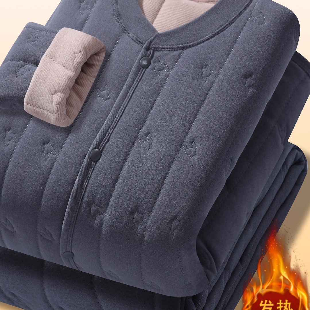 Winter Thermal Underwear Set for Men, Middle-Aged and Elderly, Dad's Fleece-Lined Thickened Tops and Bottoms, Grandpa's Cotton Jacket and Cotton Pants
