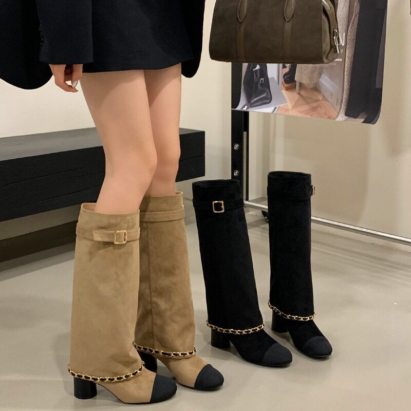 2026 Autumn and Winter New Fashion Versatile Chunky Heel Color-Block Chain High Boots for Women, Elegant Slimming High-Heeled Bootcut Boots 2026 Autumn and Winter New Fashion Versatile Chunky Heel Color-Block Chain High Boots for Women, Elegant Slimming High-Heeled Bootcut Boots
