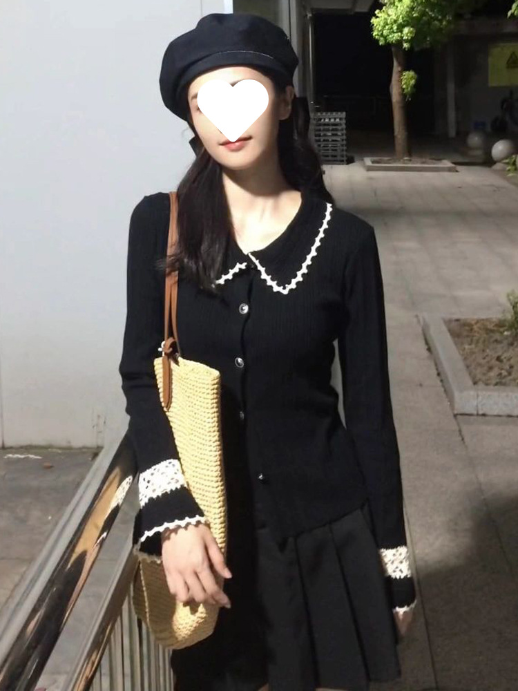 以爱为营白鹿明星同款黑色娃娃领喇叭袖针织开衫毛衣外套上衣女秋