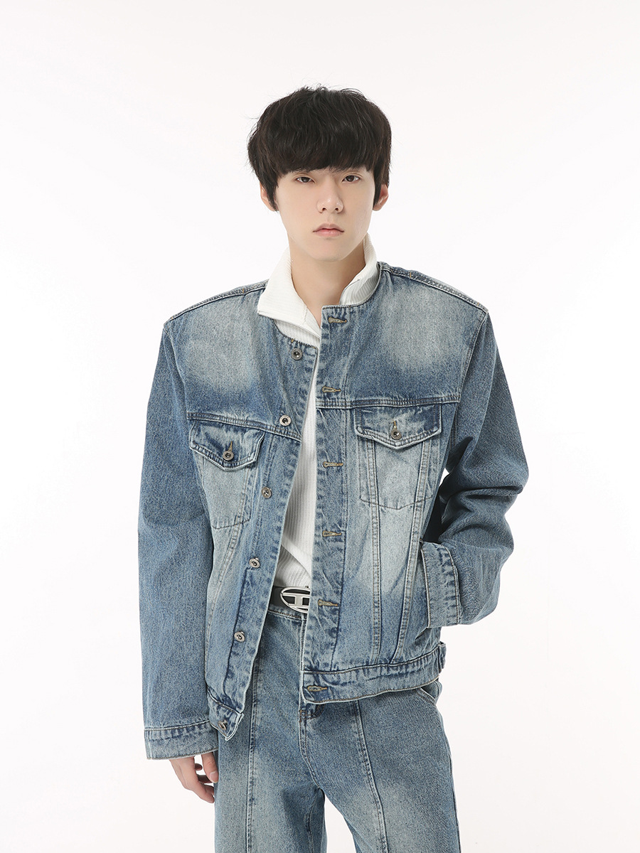 Mtlclothes ropa de Hombre | 2023 nuevo hombro pad sin cuello Denim chaqueta costura pantalones ins traje