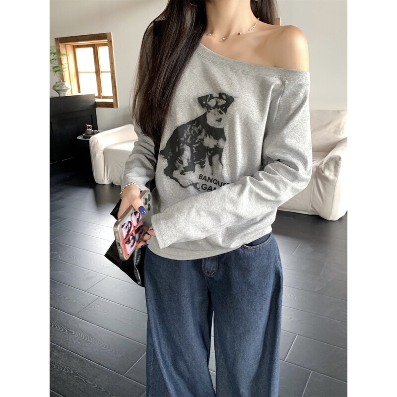 小狗印花设计感露肩斜领上衣女秋季ins宽松显瘦慵懒长袖T恤打底衫|undefined