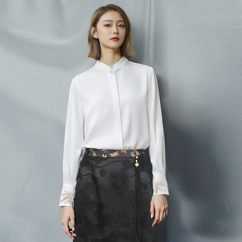 Spring and Summer New Style Chinese-Style Women's Shirt, National Style, Retro, Fashionable, Versatile, Long-Sleeved, Stand-Up Collar Shirt, Base Shirt