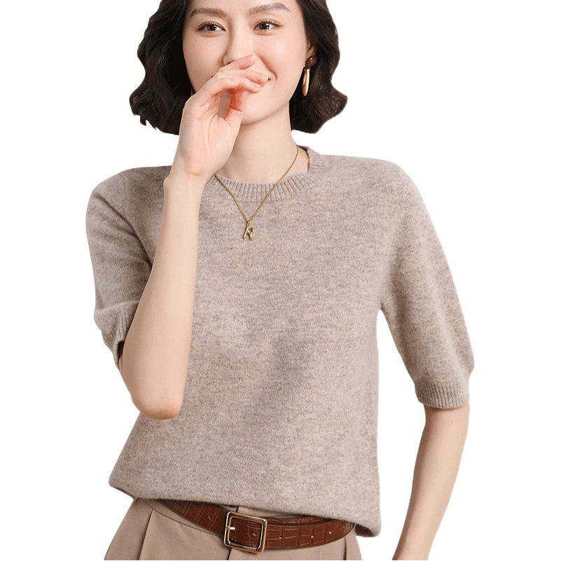 Весенне-осенний новый стиль, вязаный женский пуловер с короткими рукавами и круглым вырезом, тонкая трикотажная рубашка, свитер с половиной рукавов для женщин