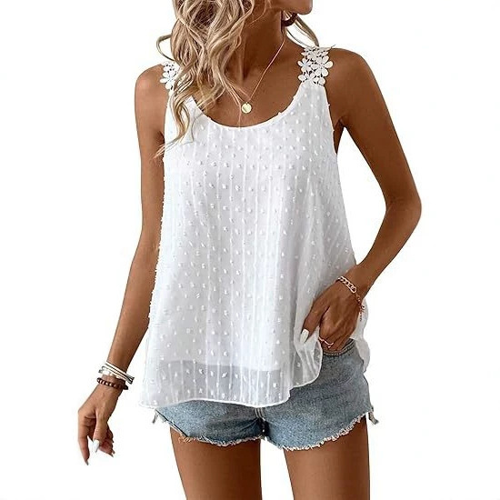 Amazon cross-border women's elegant sleeveless summer tank top, casual round-neck lace camisole women's clothing Amazon cross-border women's elegant sleeveless summer tank top, casual round-neck lace camisole women's clothing