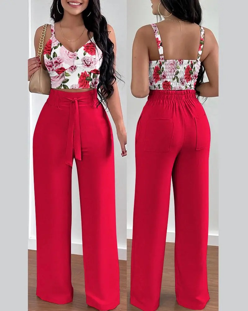 2 Pieces Set Quantity Daily Occasion Daily Women's Casual Solid Color Flower Polyester Printing Backless Pant Co-ord Set Pants Sets