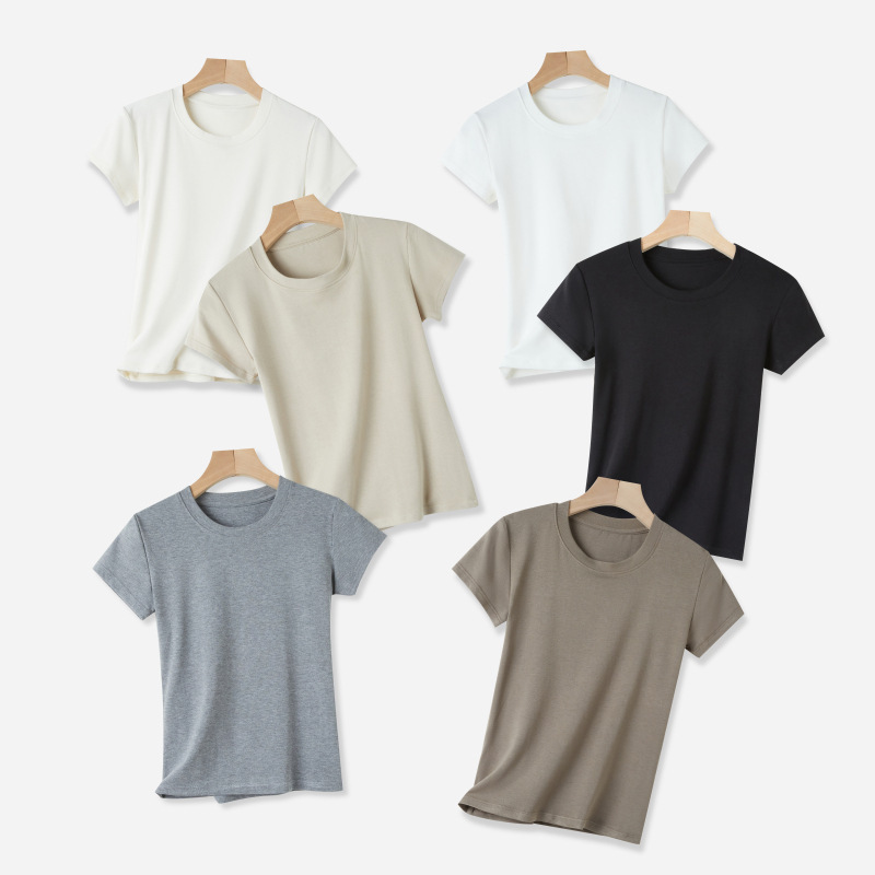 2025 Summer New Shoulder Crewneck Short-sleeved T-shirt Women's Ins Trendy Solid Color Inner Slim-fit Slim-fit Base Top