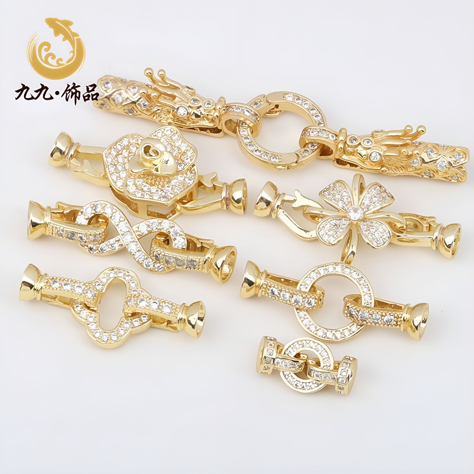 14K保色镶锆石玫瑰花朵蝴蝶结连接扣diy编织搭扣珍珠项链配件