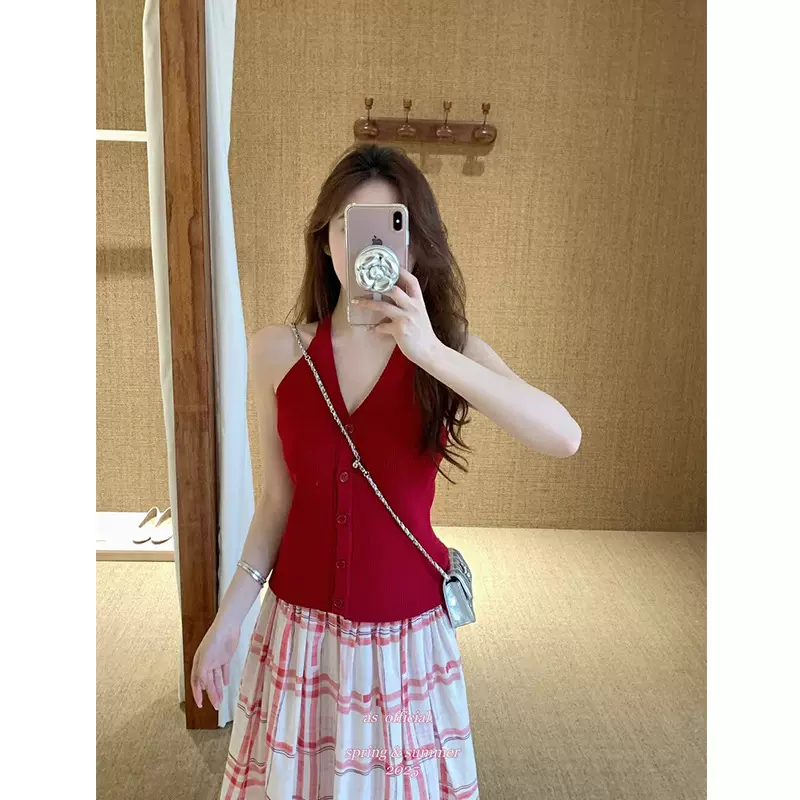高级感V领挂脖吊带背心女装夏季新款外穿无袖上衣薄款冰丝针织衫