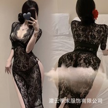季末欧美性感低胸透视蕾丝高开叉情趣内衣修身缕空蕾丝睡裙女7124