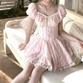 工厂YueJuXing蜜桃乌龙 甜美法式粉色泡泡袖连衣裙在逃公主蓬蓬裙