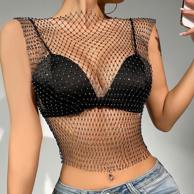 Rhinestone Fishnet Top European and American Summer Amazon New Net Diamond Flash Diamond Women's Short-Sleeved Vest