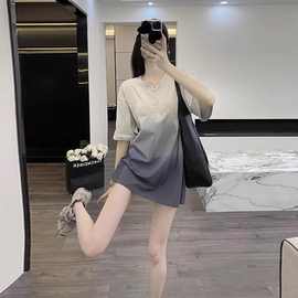 2025新款爆款女装灰色短袖t恤女夏季潮牌宽松大版洋气中长款上衣