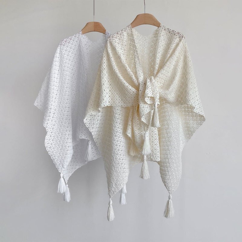 Can Be Shipped on Behalf of Others: Hollow-Out Knitted Shawl for Women, New Spring/Summer Style, Tassel Sun-Protective Cardigan, Outer Cape, Thin Casual Cover-Up