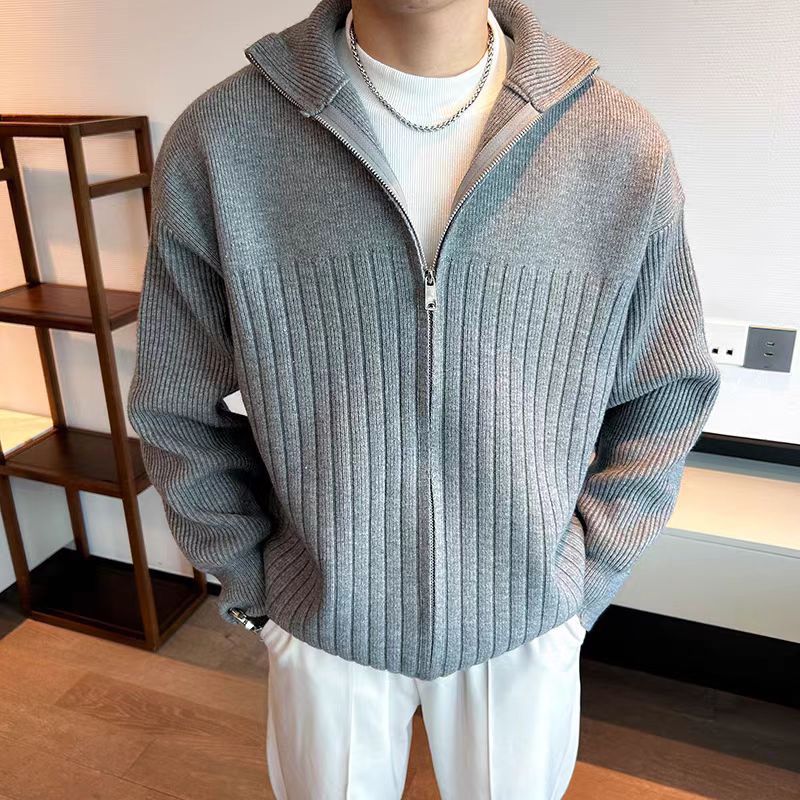 Color sólido retro holga camisa de punto suéter de cuello alto de hombre con cremallera de cuello de moda cardigan chaqueta de alta calidad simple
