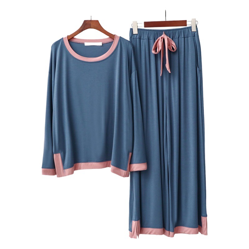 Primavera y otoño modal gordito chica cuello redondo manga larga contraste color Pantalones anchos traje casual mujer de dos piezas homewear