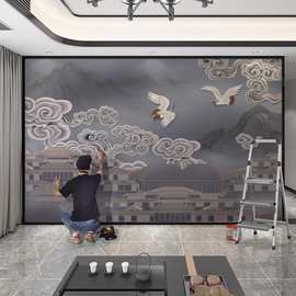 中式复古国画松鹤图壁纸创意客厅卧室背景墙墙纸设计壁画沙发墙布