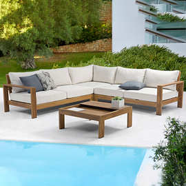 优澜户外庭院休闲沙发 北欧露天别墅花园仿木纹铝管沙发茶几组合