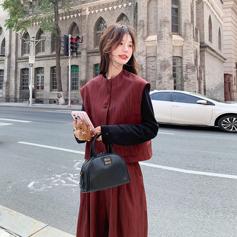 实拍初秋穿搭套装女2025新款又a又飒气质马甲打底衫阔腿裤三件套|undefined