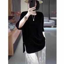 欧洲站黑色金丝绒七分袖T恤女早春新款别致小衫复古盘扣中式上衣