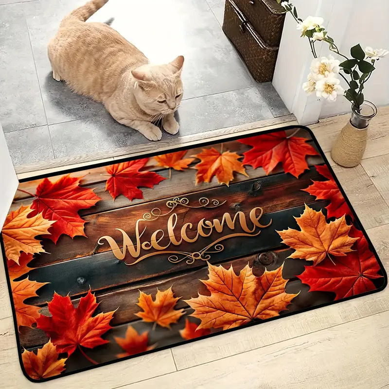TEMU亚马逊新款热销秋季枫叶WELCOME地垫玄关入户耐脏耐磨门垫