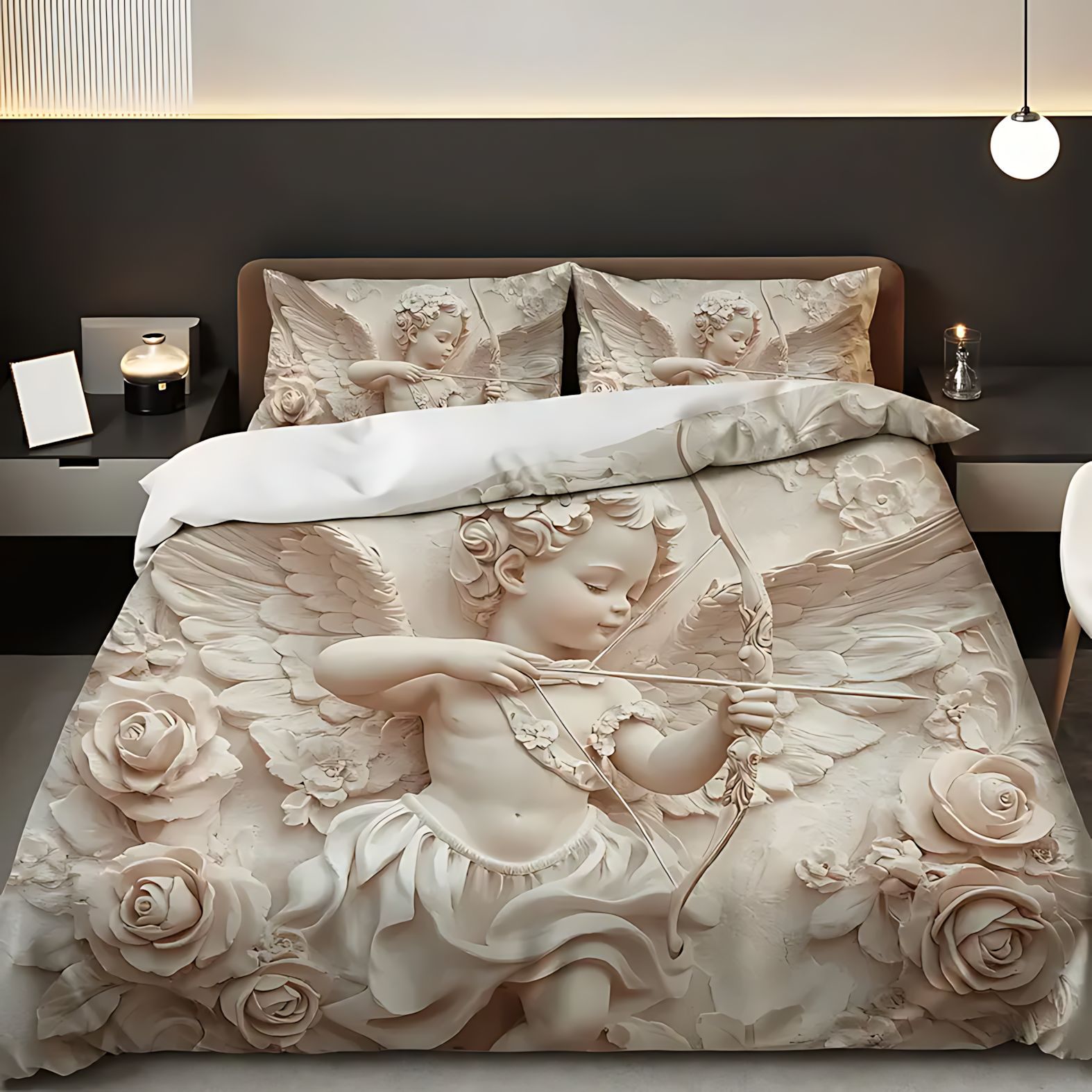 TEMU / JIT Cross-border nuevo diseño de relieve de ángel rosa impresión digital 3D colcha de colchón conjunto de almohada