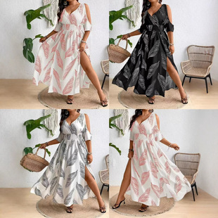 Amazon v-neck fashion sexy printing explosion dress plus size elegant v-neck sleeveless shoulder dress