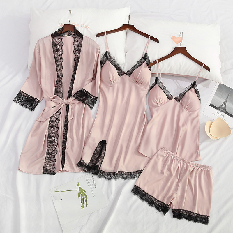 Pajamas Women's Summer Ice Silk Sexy Nightgown Four-piece Set with Chest Pad Lace Sling Nightgown Home Clothes suit Hair