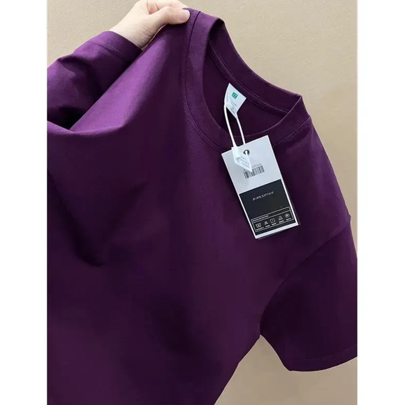 Dark Plum and Purple Heavy Xinjiang Long-staple Cotton T-shirt Men's Summer American Style Small Collar Short Sleeve Three Needles Half Sleeve