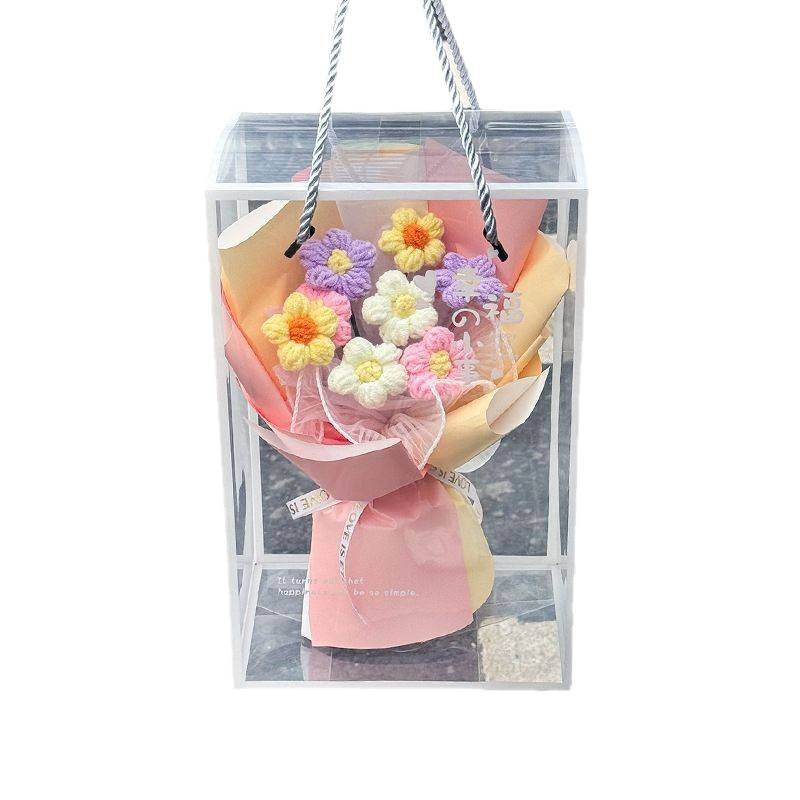 Día del Maestro Día de San Valentín ganchido a mano flor de simulación puff lana ganchido ramo de flores caja de regalo adornos de regalo