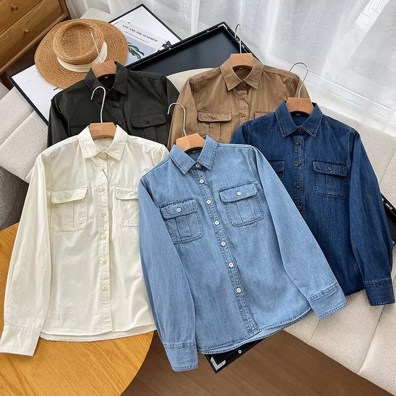 Japanese-Style Women's Denim Work Shirt/Long-Sleeve Washed Shirt Air-Conditioning Jacket 480004/479579 Japanese-Style Women's Denim Work Shirt/Long-Sleeve Washed Shirt Air-Conditioning Jacket 480004/479579