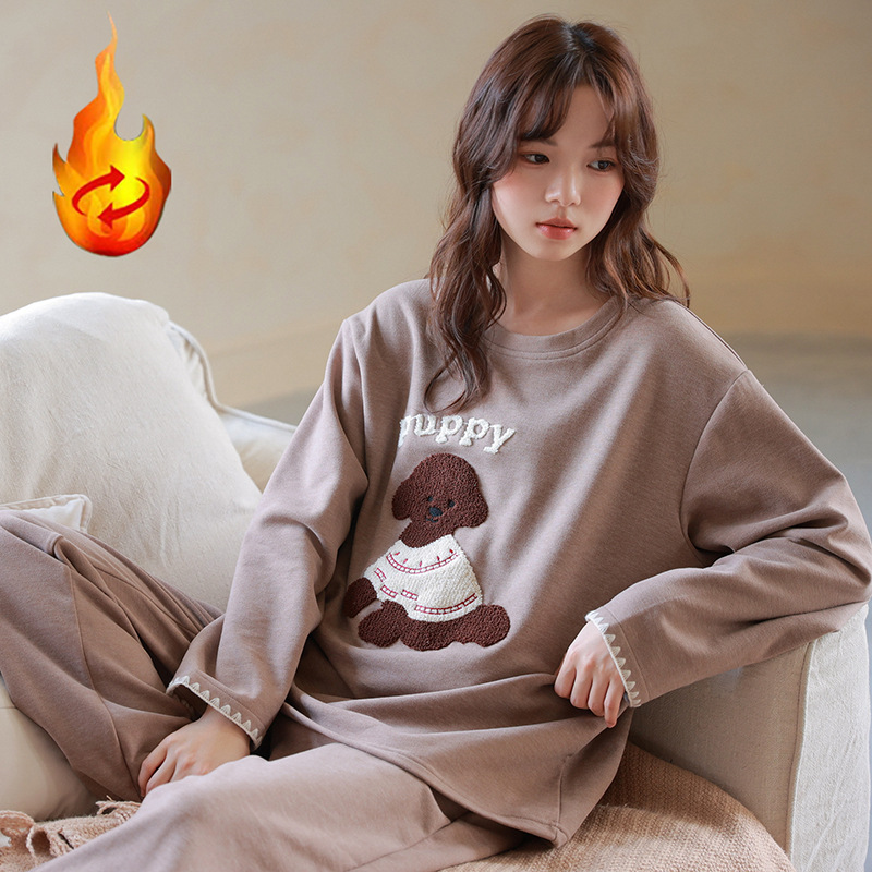 Double-Layer Cashmere Silk Pajamas for Women in Autumn and Winter Self-Heating German Velvet Thickeneded Cartoon Warm Home Clothes Women's Suit