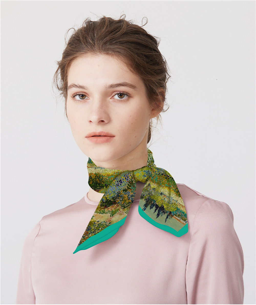 Basic Style 53cm New Van Gogh Oil Painting Series Green Flower Garden Path Twill Small Scarf Silk Scarf