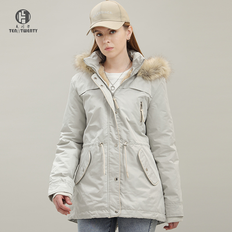 Chaqueta Acolchada Mediana con Capucha para Mujer de Algodón y Poliéster con Cuello de Peluche para Invierno