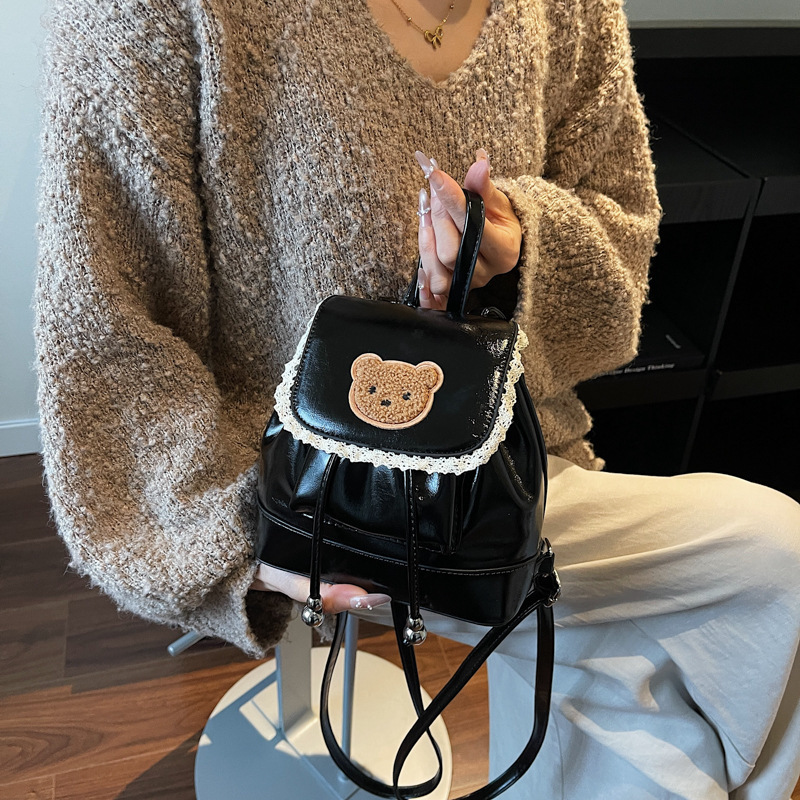 韩版新款ins潮时尚双肩包女小众芭蕾风复古小熊蕾丝边大容量背包|undefined