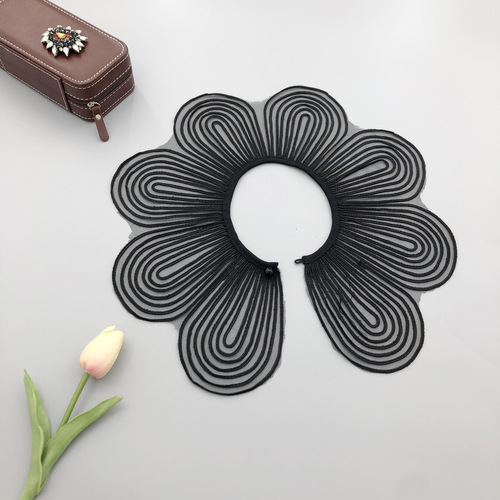 1 piece of women's black and white rope embroidered big wave boutique shawl, polyester silk fashion versatile false collar for children