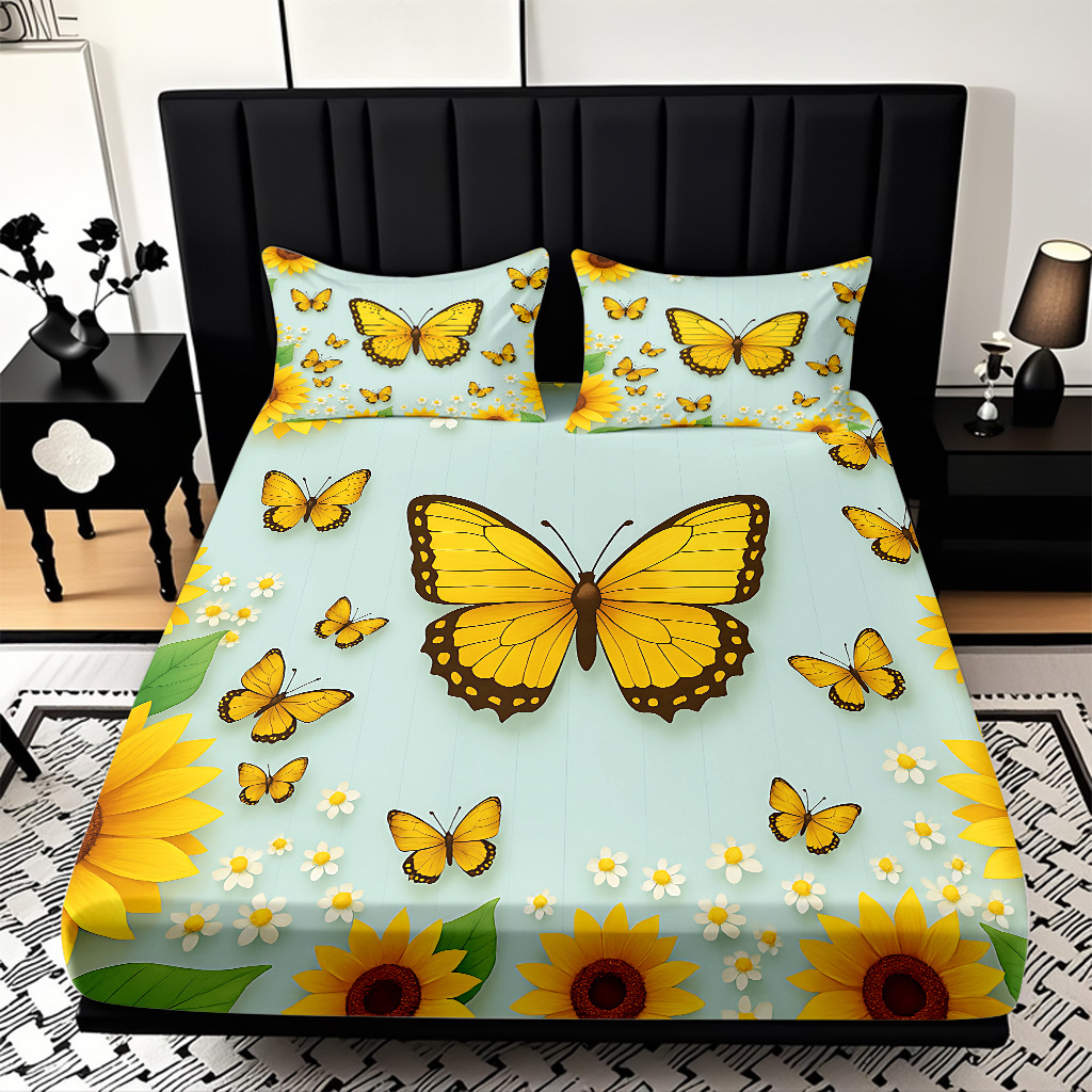 Comercio exterior transfronterizo textil doméstico patrón de girasol impresión digital 3D cama de molienda de tres piezas JIT modelo Temu