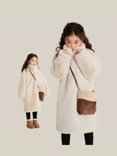 European and American Cross-Border Foreign Trade Wholesale 2026 Autumn and Winter New Style Girls' Solid Color Faux Fur Mid-Length Coat with Stand Collar