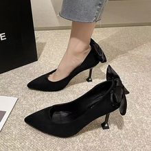 软皮细跟气质单鞋2025年夏季新款百搭尖头淑女小香风蝴蝶结高跟鞋