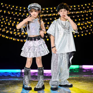儿童街舞套装男女童嘻哈裙潮服夏亮皮短袖少儿hiphop街舞表演出服