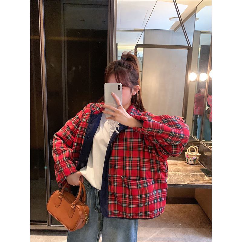 PINKDAISY 韩国东大门新款棉服女冬季小个子双面穿复古格子外套