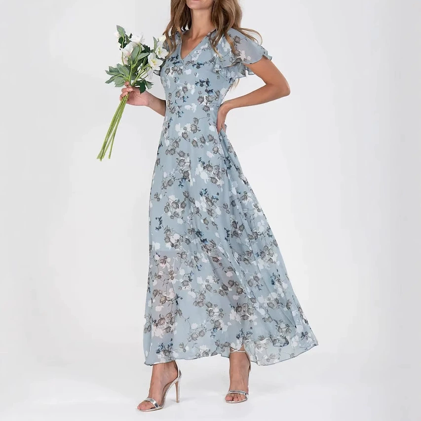 Европейская и американская независимая станция Amazon 2023 Элегантное пригородное платье для похудения с V-образным вырезом и короткими рукавами и принтом средней длины