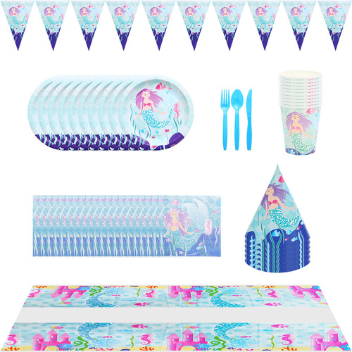 Amazon New Cartoon Generation 2 Mermaid Blue Tail Party Decoration Fish Tail Amazon Tableware Set