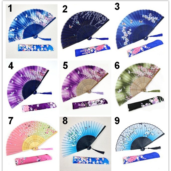 Hay en stock abanico de seda de 6 pulgadas como la seda de las mujeres con suficiente stock mariposa amor flor y borla flor de cerezo combinación de ventilador