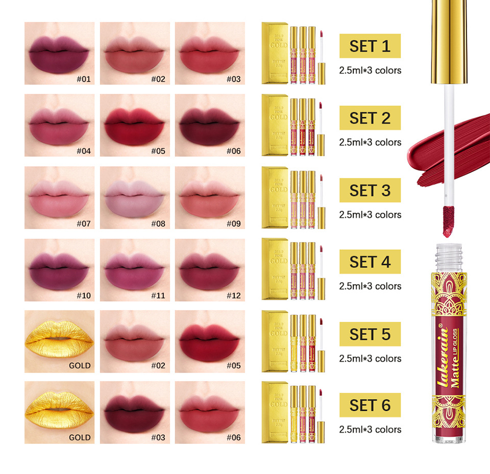 Cross-border lakerain Gold Lip gloss Matte non-Stick Cup Lip gloss Lipstick Three-piece set Application Scenario