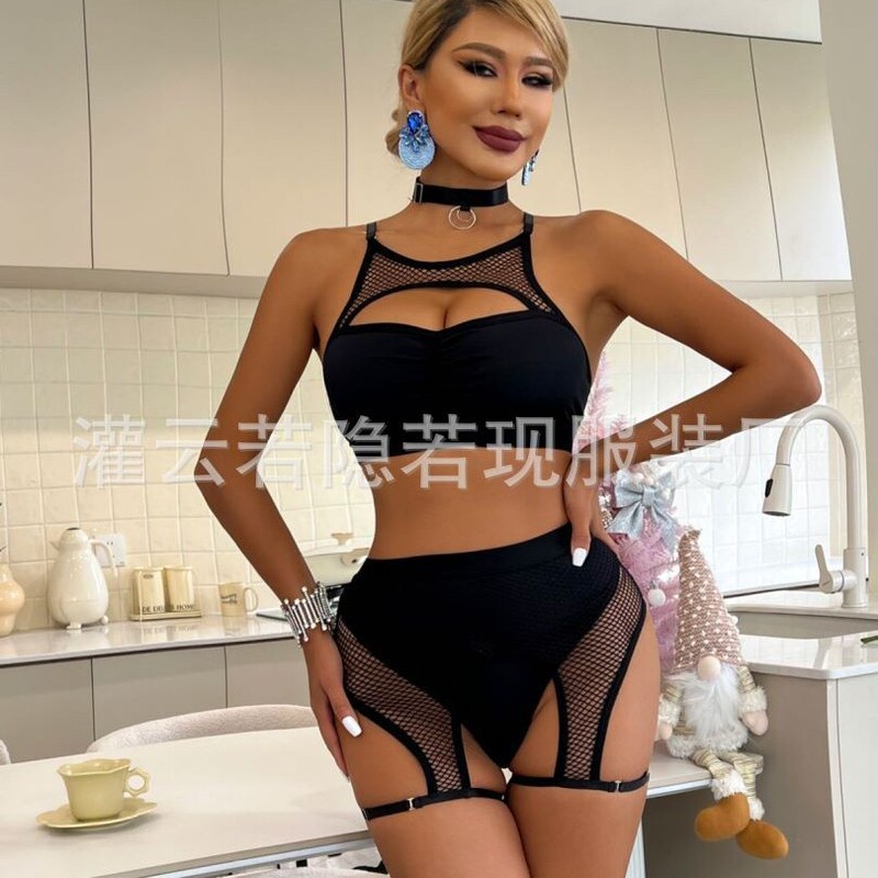 2023 AliExpress Amazon new INS European and American sexy bra sexy underwear black mesh stitching underwear