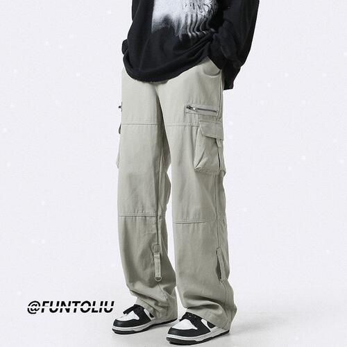 Light Green Multi-Pocket Work Pants for Men, Autumn Japanese Trend Straight Leg Loose Casual Pants, Unique Zipper Floor-Length Pants