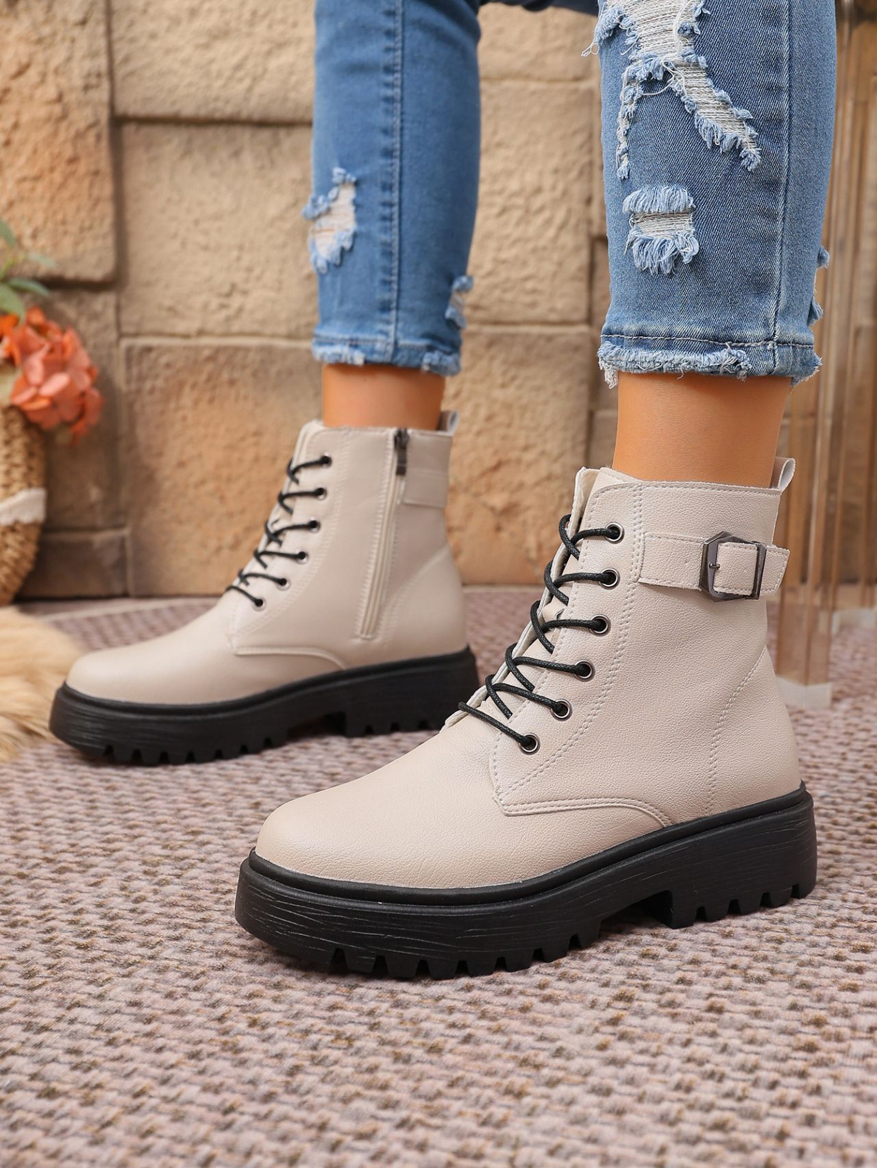 Women's Round Toe Ankle Boots With Side Zipper And Belt Buckle_voghion.com